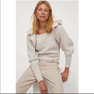 H&M Cable-Knit Sweater Flounce Ruffle Oversized Sweater Large Beige Tan